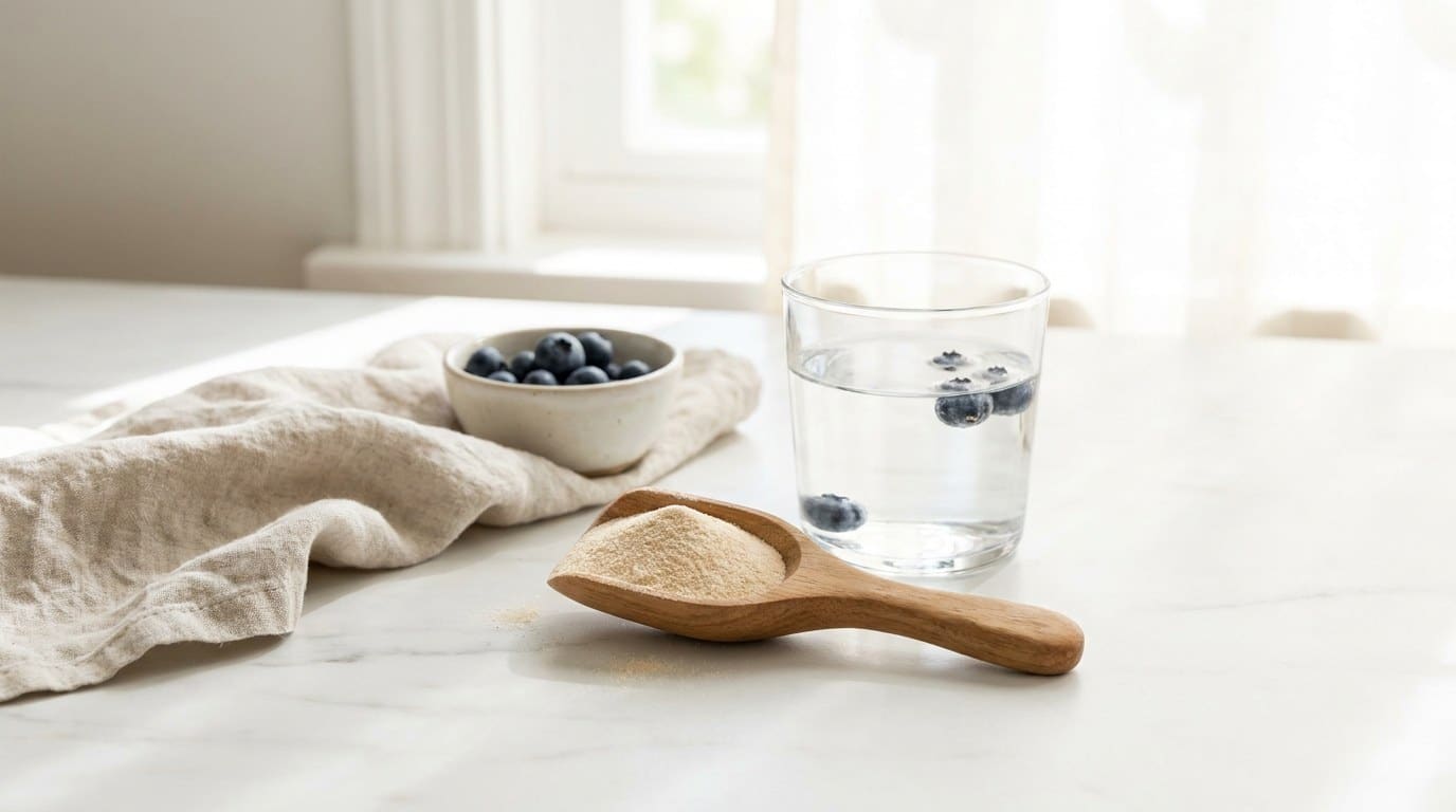 Collageen peptiden poeder met een glas water en blauwe bessen op marmer