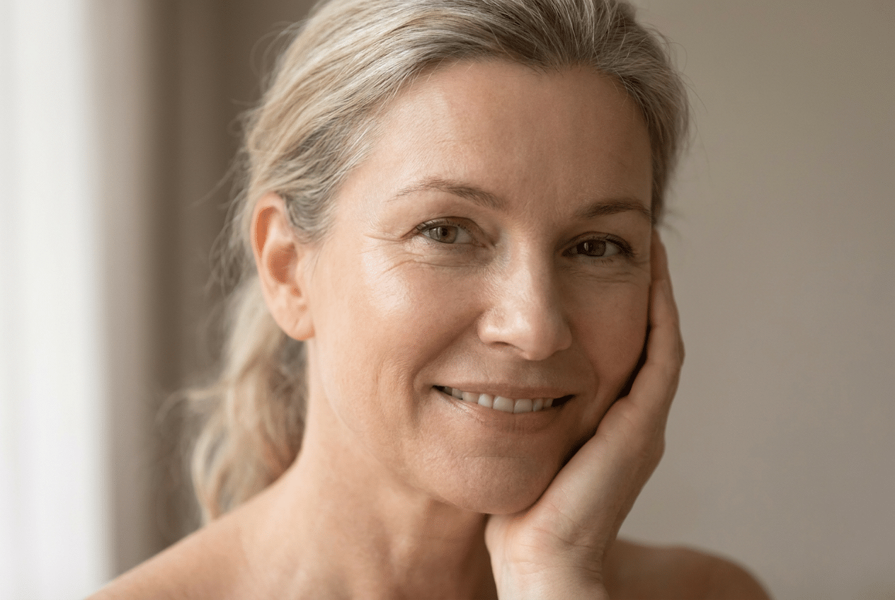 Vrouw met gezonde, stevige huid na maanden consistent collageengebruik