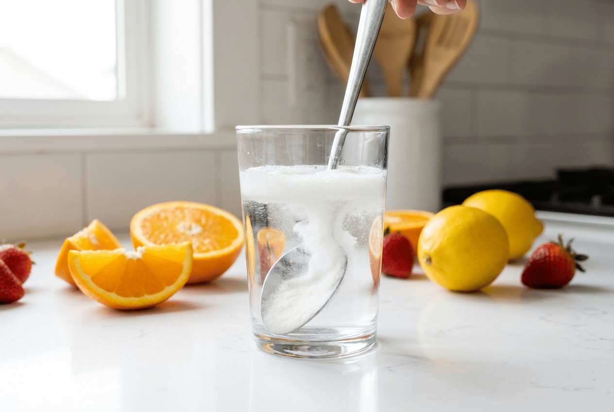 Glas water met collageenpoeder naast vers fruit vol vitamine C
