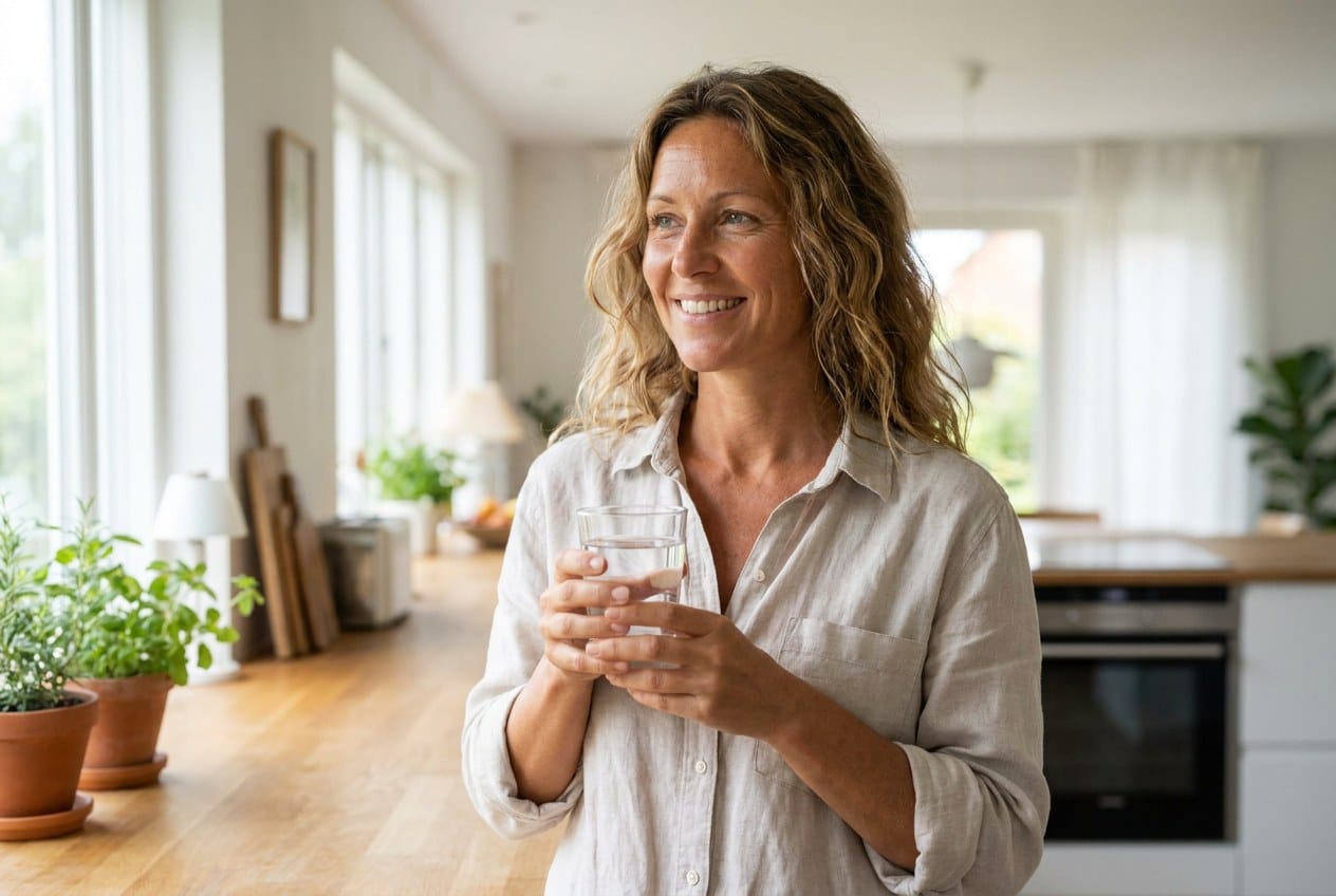 Gezonde vrouw van rond de veertig met een glas water in een lichte keuken