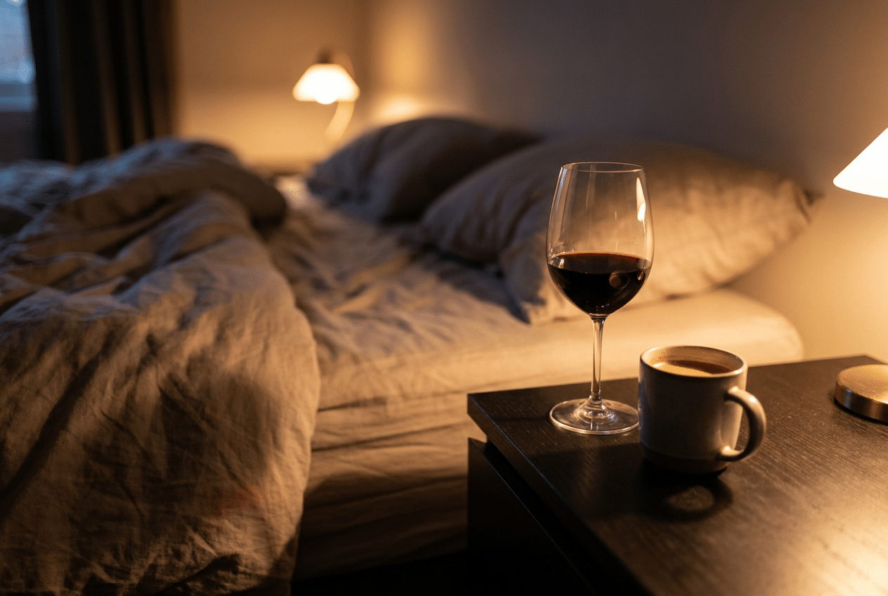 Een glas rode wijn en een kop koffie op een nachtkastje