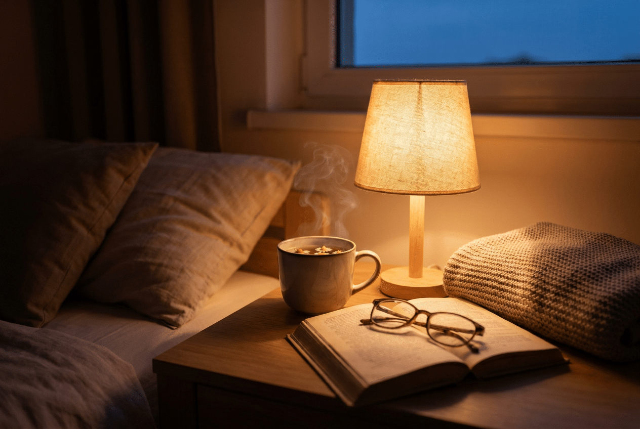 Rustige avondroutine met kruidenthee, een boek en een zachte lamp