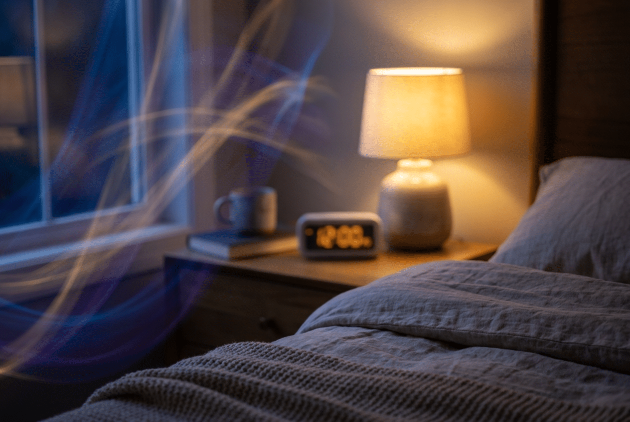 Rustige slaapkamer bij nacht met een wekker die de late uren toont