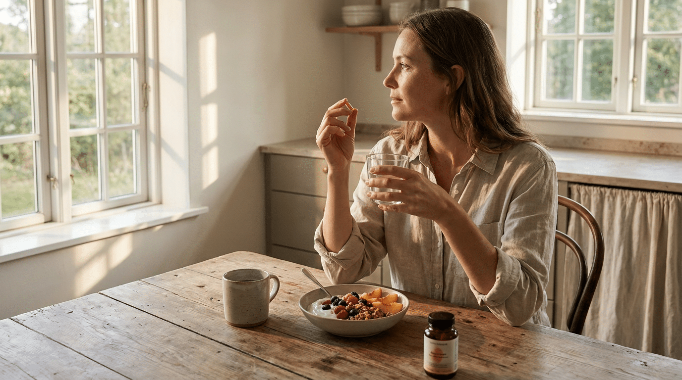 Vrouw neemt probiotica in bij het ontbijt
