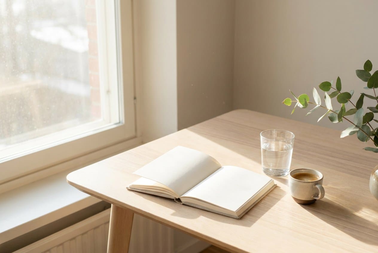 Ochtendlicht door een raam op een houten bureau