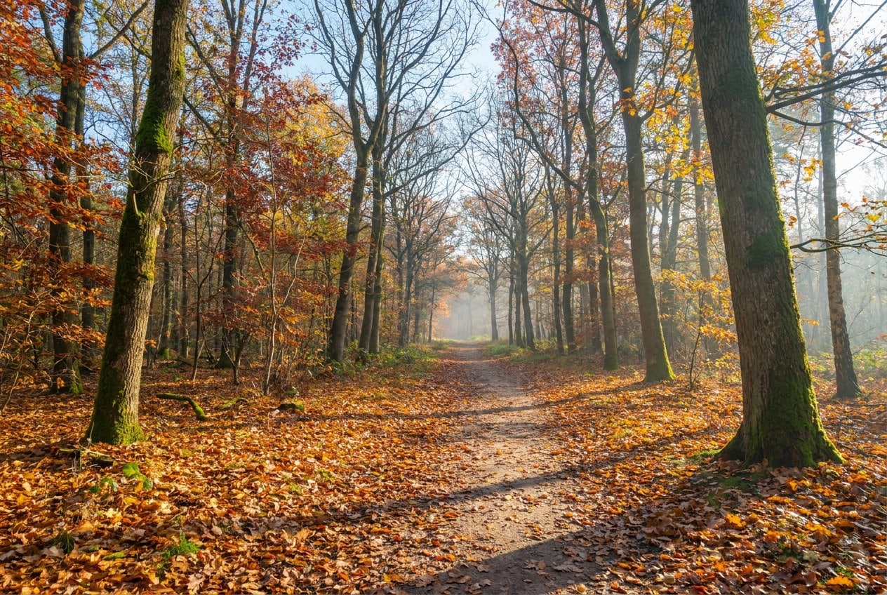 Herfstbos met gekleurde bladeren en zacht daglicht